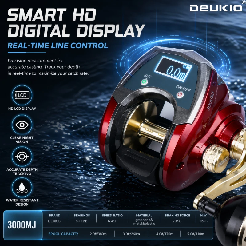 Electric Fishing Reel - รอกตกปลา DEUKIO แบบดิจิตอล 6.4:1 แรงดึงสูงสุด 20